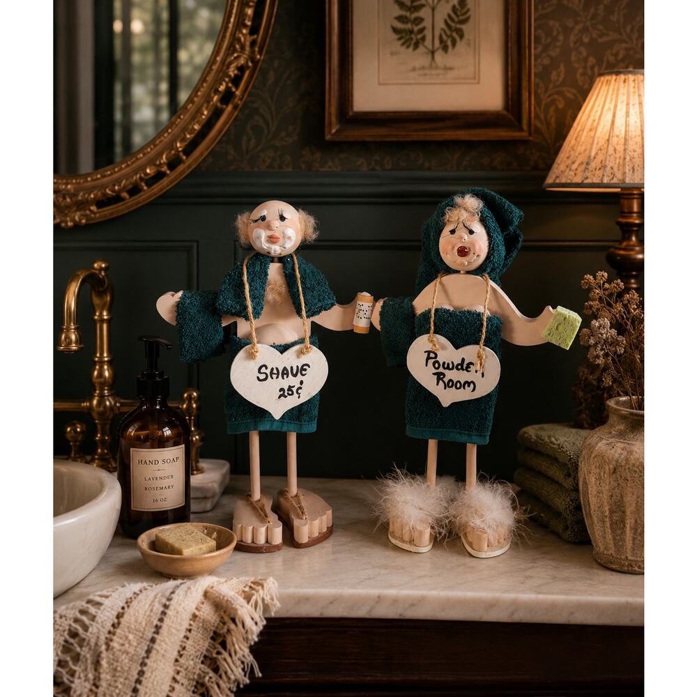 RARE Vintage His & Hers Bathroom Buddy Dolls Whimsical Wooden Folk Art Decor